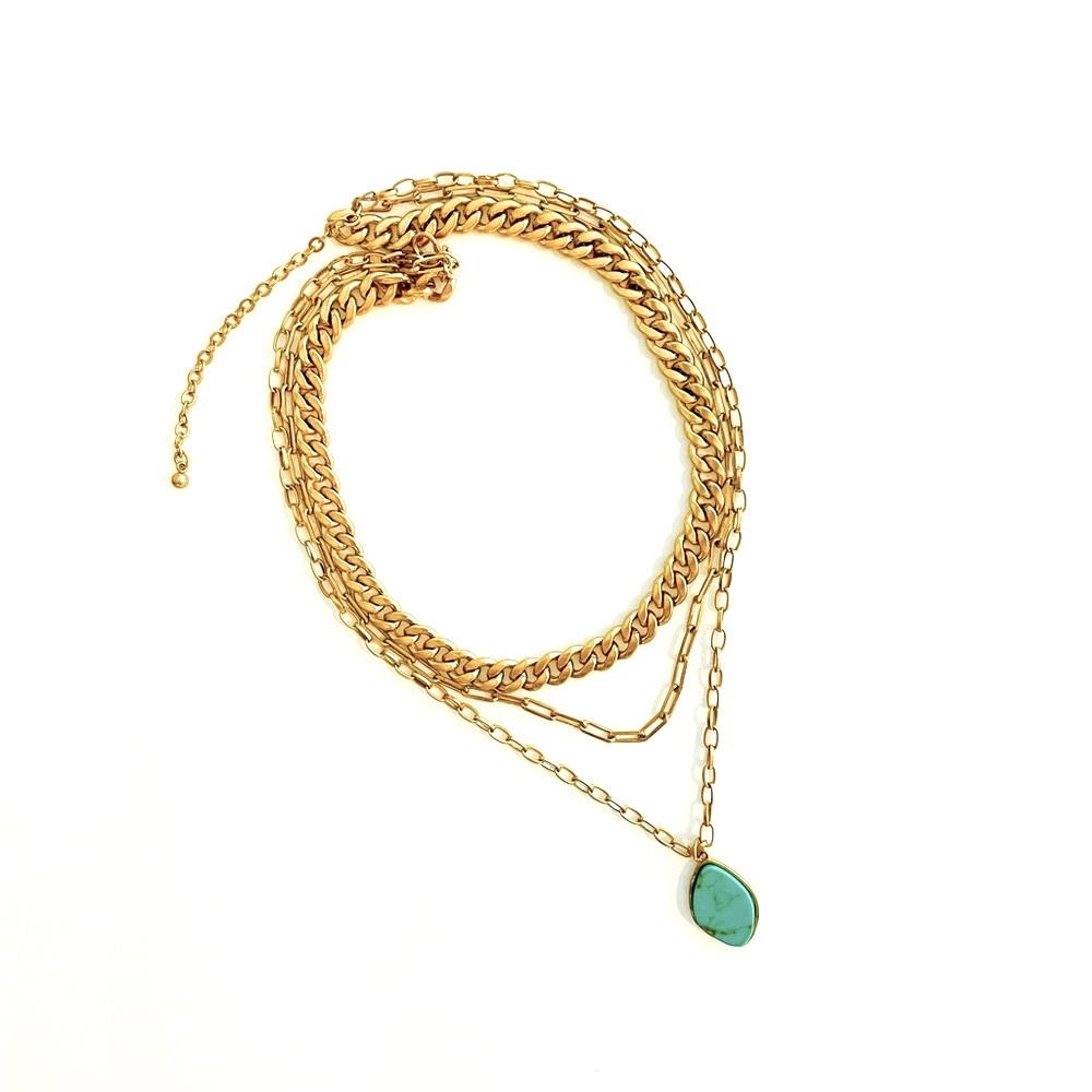 NWT Three Gold Chains holding a Turquoise Pendant Necklace 13” 14” 16” Lengths
